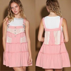 POL Pink Lace Patchwork Detail Denim Overall Dress Medium NEW